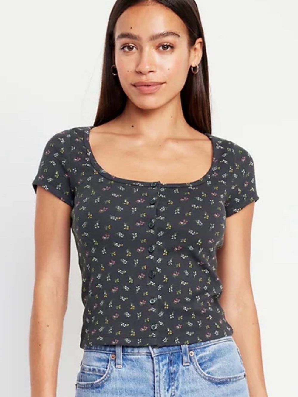 Old Navy Dark Gray Floral Scoop-Neck Crop Top